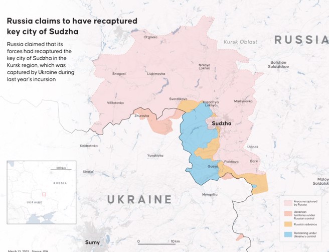 战争研究所的库斯克战情图，苏贾已被俄军夺回，乌克兰的占领区可能被分成南北两段。(图/ISW)