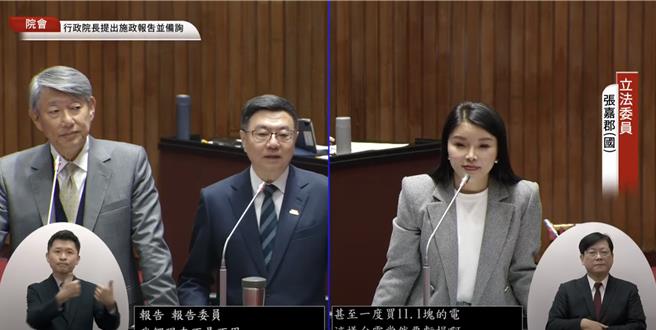 国民党立委张嘉郡（右）质询行政院长卓荣泰（中）、经济部长郭智辉（左）。（摘自国会频道）