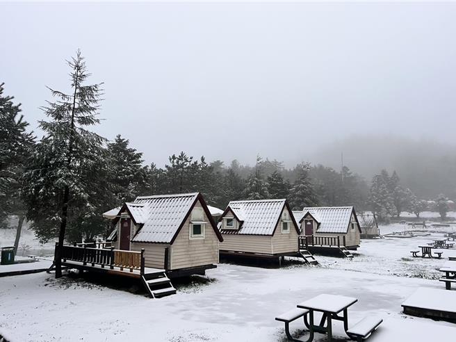福寿山农场的小木屋覆盖白雪。（福寿山农场提供／宝智华台中传真）