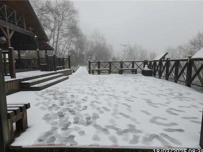 武陵农场18日上午８时开始降雪，积雪已约5公分。（武陵农场提供／宝智华台中传真）