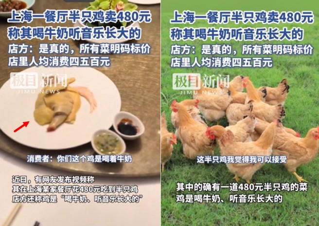 上海一间餐厅端出半只鸡，价格高达480人民币（约2千多新台币），让整桌客人当场傻眼。（翻摄微博）