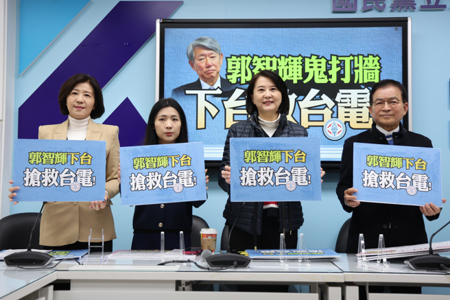国民党立委王育敏（左起）、徐巧芯、王鸿薇、赖士葆19日举行「郭智辉鬼打墙，下台救台电！」记者会。（姚志平摄）