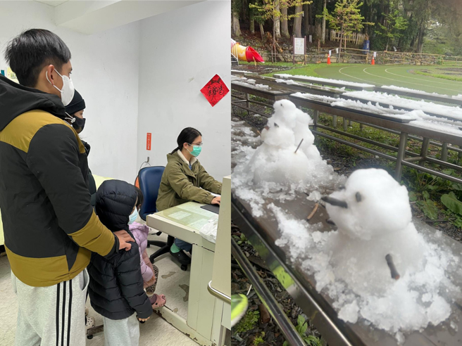 寒流来袭，新竹尖石山区的温度更是低，全家人都感冒前来秀峦卫生室就诊的不在少数（左图）；新竹尖石乡摄氏2度低温加上80％湿度，一个晚上就足以积雪，有民眾在秀峦卫生室外堆起雪人（右图）。（图／马偕医院）