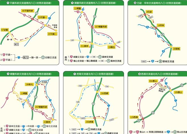 清明节连续假期匝道封闭改道路线图。（高公局提供／蔡明亘台北传真）