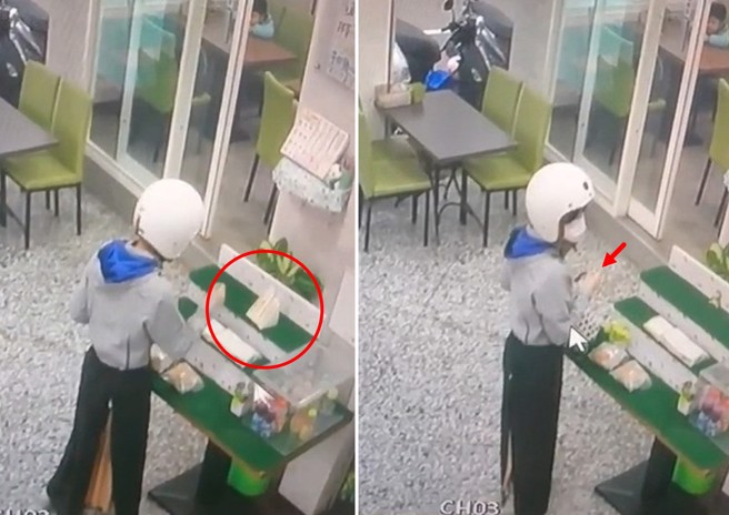 长裙女子到早餐店拿两个三明治，最后只付一个的钱，店家公布监视器提醒大家小心。（翻摄爆料公社）