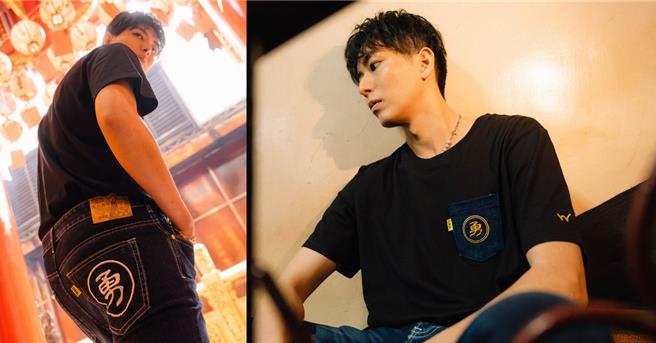 EDWIN将传统文化与现代潮流丹寧元素相结合，以白沙屯妈祖－香灯脚牛仔口袋短T（1490元）搭配白沙屯妈祖－勇字迦绩长裤（3980元）演绎轻松潮流风格。（EDWIN提供／朱世凯台北传真）