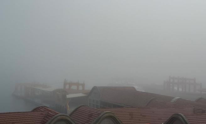 金门地区26日一早受浓雾影响能见度不佳，海空交通一度停摆，机场、码头近千名旅客行程受阻。（图／民眾提供）