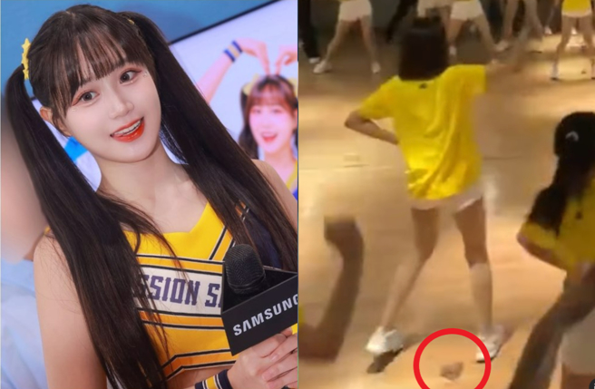 啦啦队女孩跳舞突掉出御饭糰，网疯猜是边荷律（左），她亲还原真相。（图／IG@yuling34、3636sammy）