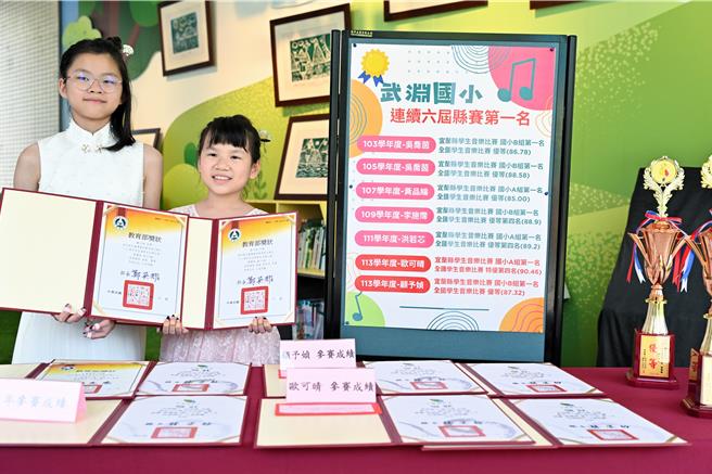 宜兰古筝培训重点学校武渊国小，学生欧可晴（右）与顾予媜（左）表现亮眼，分别于国小A组和B组独奏中勇夺全国特优第四名及全国优等佳绩。（武渊国小提供／吴佩蓉宜兰传真）