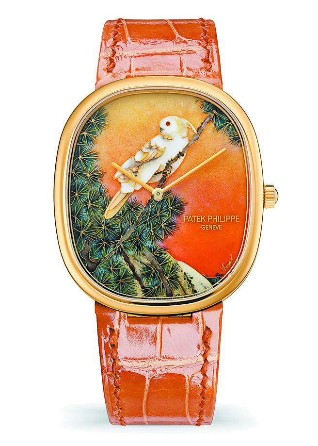 百達翡麗編號5738/50J-011「黃冠鳳頭鸚鵡」Golden Ellipse腕表。（Patek Philippe提供）