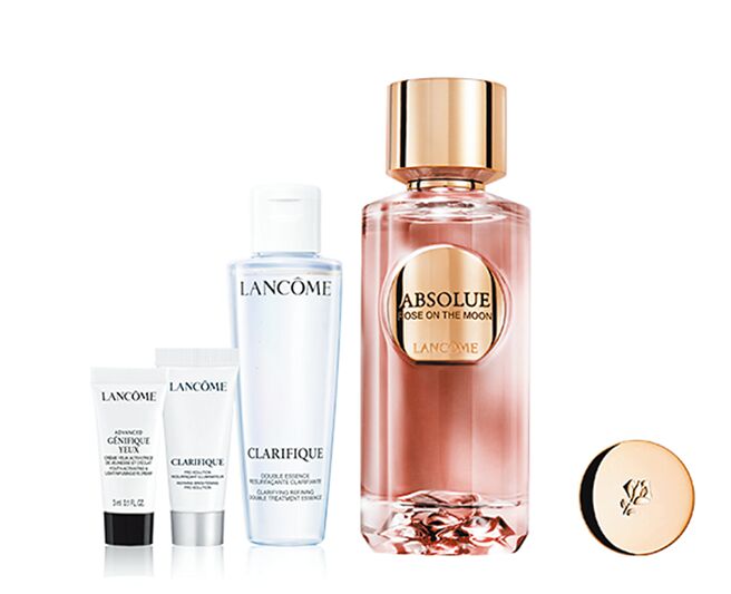远百花莲Lancome兰蔻绝对完美玫瑰组，含绝对完美玫瑰臻萃淡香精月影玫瑰100ml、超极光活粹晶露50ml、超极光净亮淡斑激萃5ml、超极限肌因亮眼精粹霜3ml，特价1万900元。（远百提供）