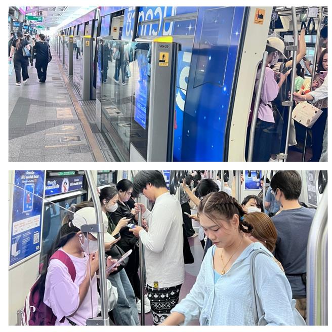 曼谷的捷运今天早上已恢復正常运作，站内挤满许多当地民眾及游客。（朱正生提供）