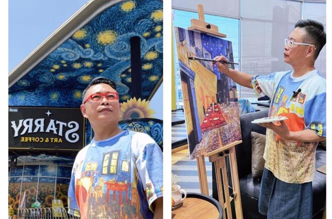 朱正生昨午在星空咖啡厅朝圣，未料遇到强震。（朱正生提供）