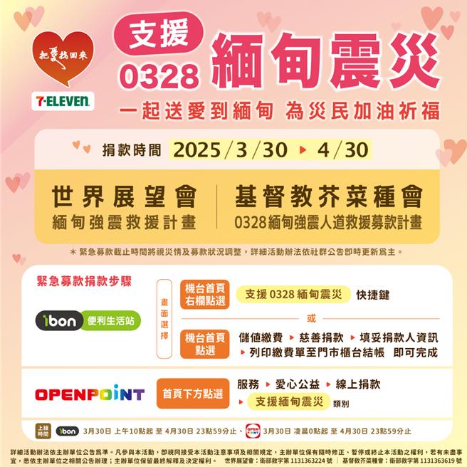 7-ELEVEN把爱找回来公益募款平台结合线上OPENPOINT APP与ibon便利生活站，自3月30日起至4月30日止携手台湾世界展望会、基督教芥菜种会合作，启动紧急募款活动。（图／7-ELEVEN）