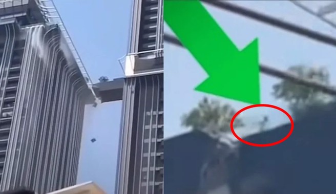 缅甸强震发生时，位于泰国曼谷通罗区的高级豪宅「Park Origin Thonglor」，其连接2栋大楼间的天桥也随之崩裂。然而，这名男子（箭头处）仍奋不顾身冒险跳过断桥，跃至对面大楼。（tiktok @Bowyuri����สะใภ้เกาหลี����）