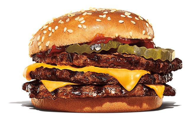 汉堡王即日起推出「加10元多1堡」，品项包含「三层火烤牛肉堡」。（汉堡王提供／朱世凯台北传真）