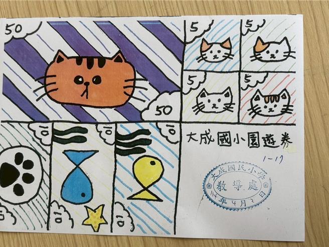 屏東新埤大成國小今日舉辦「兒童自主日」由學童自己提案規畫活動，園遊券也是自己動手繪製。（大成國小提供／羅琦文屏東傳真）