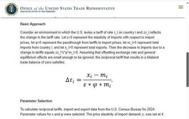 美国贸易代表署公布「互惠关税计算」方程式。（翻摄自美国贸易代表署官网）