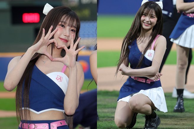 富邦悍将韩籍啦啦队员李珠珢2025年4月2日新庄主场首秀。（黄世麒摄）