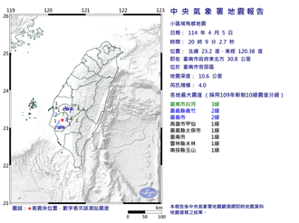 又震！台南官田規模4極淺層地震 白河震度3級
