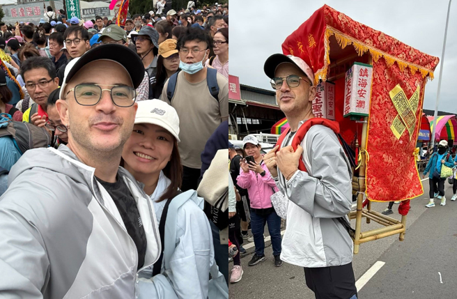 吴凤朝圣大甲妈祖遶境亲自扛轿，曝与妈祖13年前缘分。（图／脸书 吴凤 Rifat）