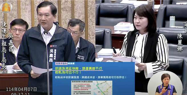 高市议员陈丽娜今（7）日质询时痛批，高雄轨道建设「重北轻南」，北高雄捷运、轻轨样样有，南高雄捷运黄线延伸前镇渔港及旗津轻轨却全被否决，区域失衡严重。（翻摄自高市议会网站）