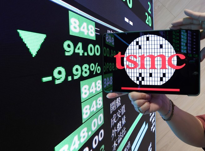 美國總統川普2日公布對等關稅，全球股市重挫，7日台指期開盤崩跌，狂殺2129點至跌停19167點，台積電跳空開低直接打入跌停到848元。（陳俊吉攝）