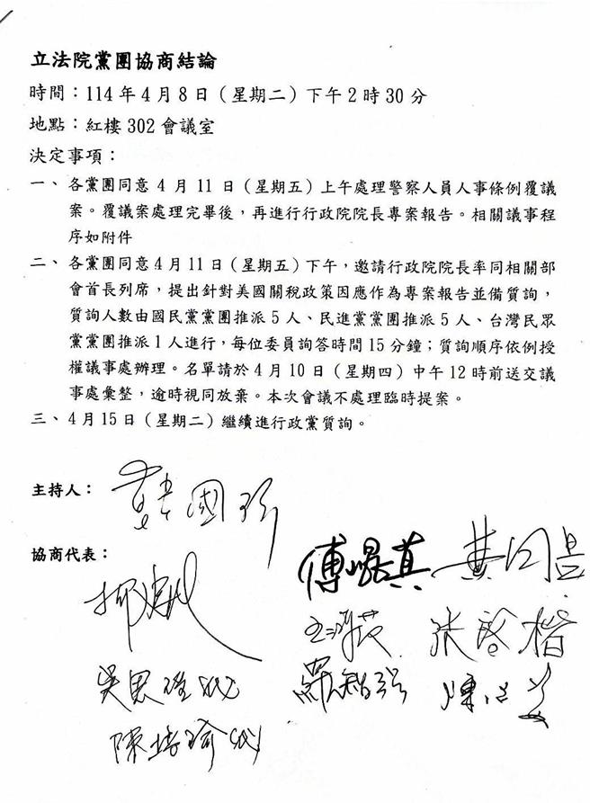 质询名额分配为国民党团5人、民进党团5人、民眾党团1人；该次院会不处理临时提案，4月15日将继续进行政党质询。（摘自国会频道／张睿廷）