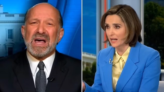 美國商務部長盧特尼克(左)接受CBS新聞節目主持人布倫南(右)的視訊專訪，他對多數的提問都沒有正面回答，而是反覆強調製造業回美國的重要。(圖/YOUTUBE)