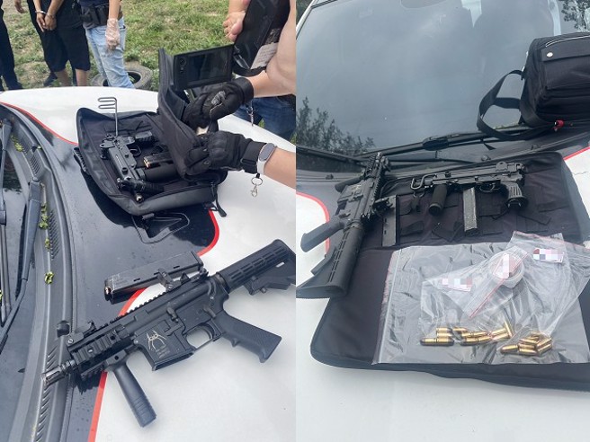 警方下午1時50分在大社區將兩名可疑男子查緝到案，並在搜查中發現毒品和槍械，2人正被押返警分局進一步調查。（翻攝畫面）