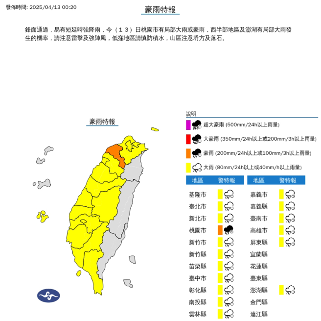 气象署针对全台除东部外的地区，发布豪大雨特报。(图／中央气象署)