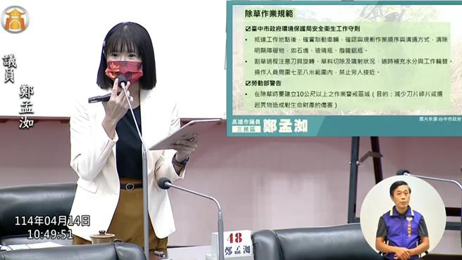 民進黨高市議員鄭孟洳今（14）日質詢時痛批，市府一心推廣「吉伊卡哇」觀光，卻疏忽市政基本功，導致除草工程亂象頻傳，衍生用路危機。（鄭孟洳提供）