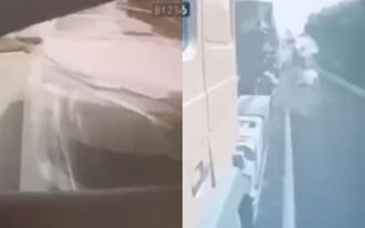 現世報瞬間曝光！毆翁惡男猛撞砂石車 「嵌入後斗」拖著走