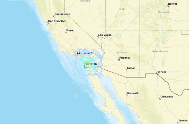美國加州中部14日上午發生規模5.2極淺地震，震央位在聖地牙哥郡朱利安（Julian）附近。（圖／擷取自美國地質調查所官網）