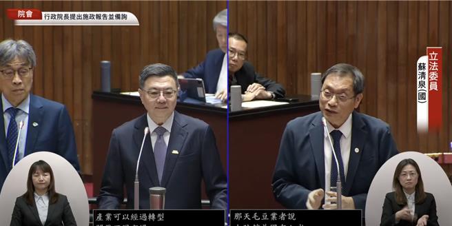 15日立法院会终于和平开始，蓝委苏清泉（右）质询行政院长卓荣泰（中）、农业部长陈骏季（左）。（摘自国会频道）