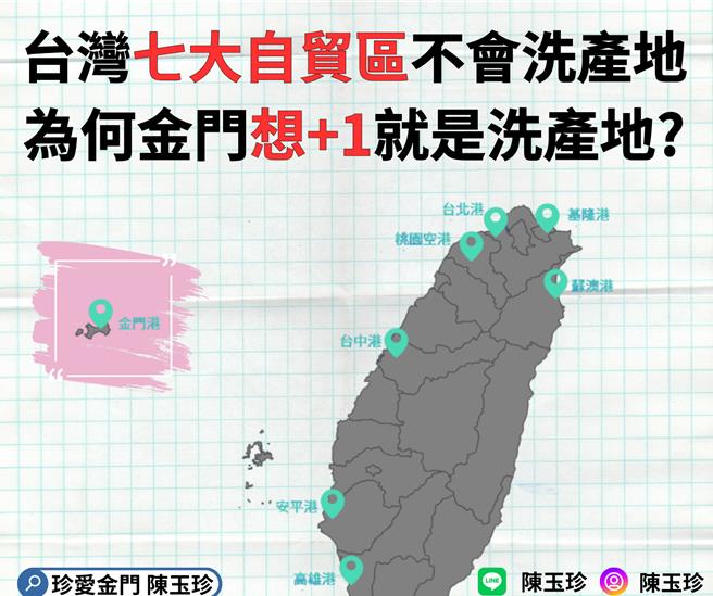 金门县积极推动设立自由贸易港区，然而近期遭绿营指控有帮大陆洗产地嫌疑。对此，立法委员陈玉珍强调，台湾本岛已有7大自由贸易港区，若自贸港区等于洗产地，应先检讨本岛制度。（陈玉珍办公室提供／陈薏云台北传真）