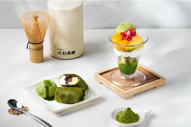 壽司郎再度攜手知名抹茶品牌「辻利茶舗」，推出「辻利抹茶可麗餅」130元及「辻利抹茶芒果聖代」120元。（壽司郎提供／朱世凱台北傳真）