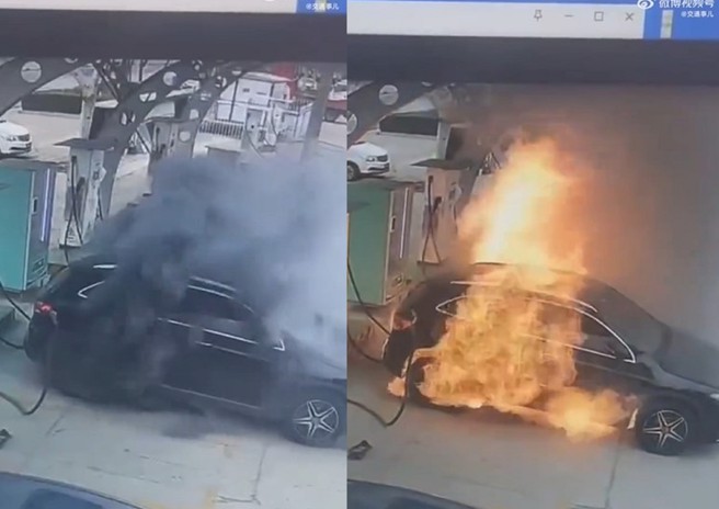 大陆一辆宾士EQA电车，在充电站充电时突然起火，车主控诉厂家不愿公布检测数据。（翻摄微博）