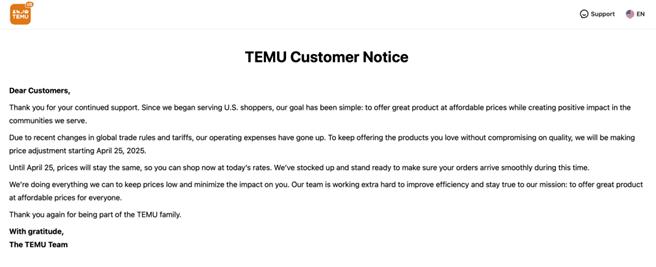 即時╱希音、Temu告知美國消費者25日起漲價。（TEMU美國官網截圖）