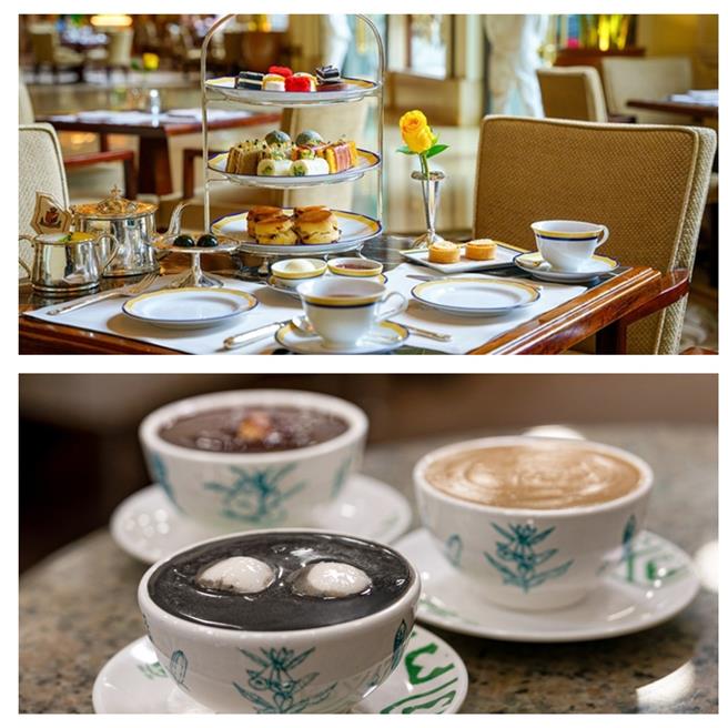 享用香港半島酒店經典下午茶（上圖），體驗港式輕奢生活；一碗熱騰騰的港式糖水，黑芝麻糊、紅豆沙、杏仁茶打造暖心又養生的旅途。（港旅局提供）
