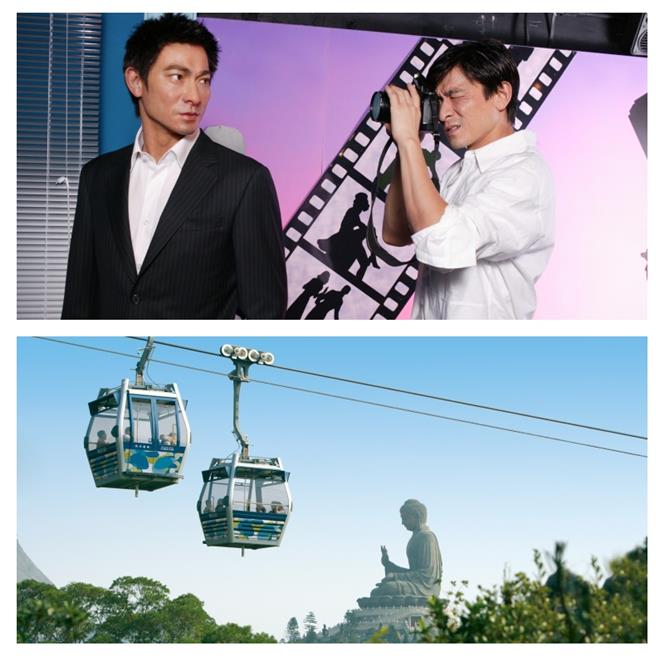 在杜莎夫人蠟像館與劉德華零距離合照，滿足父母打卡明星夢（上圖）； 昂坪可搭纜車。（港旅局提供）