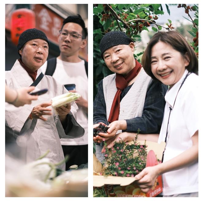 飛花落院主廚團隊與正寬法師深入農場採摘觸摸土地上的蔬果，法師並親自確認品嘗食材風味。（飛花落院提供） 