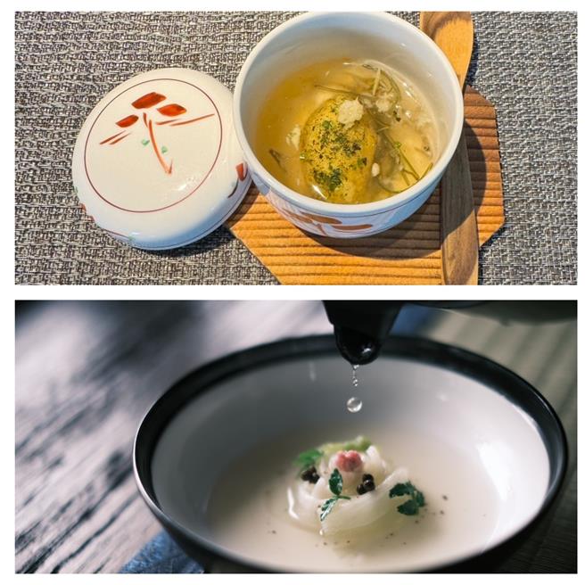 飛花落院春季蔬食的代表菜餚，「銀芡白和」以食材提煉的銀芡醬汁包裹酥炸豆腐（上圖）；「花見隼人瓜」則選用珍貴的羊肚菌、百合根與佛手瓜，盛開如春日初綻的花朵。（飛花落院提供） 