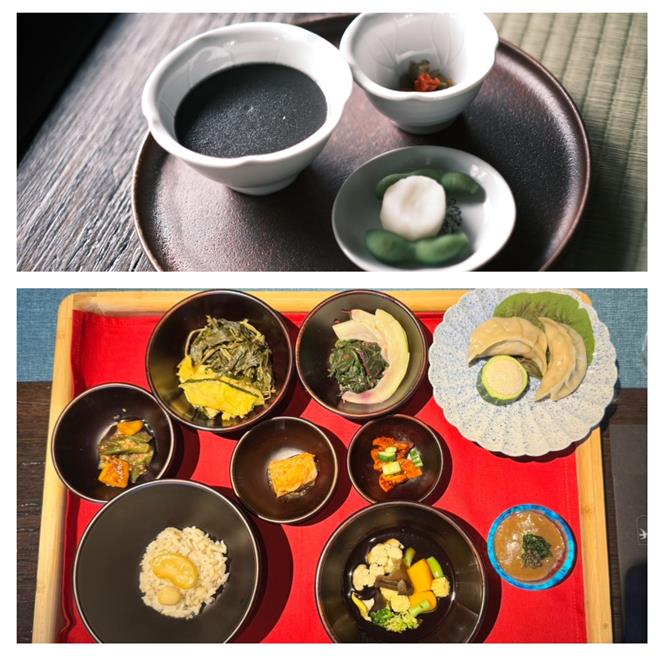 前菜是「毛豆／荸薺 ／芥藍泡菜」及「黑芝麻粥」的鹹淡暖糊滋味（上圖）；「缽盂供養」的9品料理看似樸實，但每道都善用當季食材、乾燥與醃漬手法，包括乾燥山野菜與櫛瓜、紅莧菜與瓢瓜、豆腐香菇餃子與櫛瓜鑲豆腐、秋葵佐大醬、泡菜、柿子乾、小米飯與皇帝豆和蓮子、橡果實凍、蔬菜湯。（洪秀瑛攝）