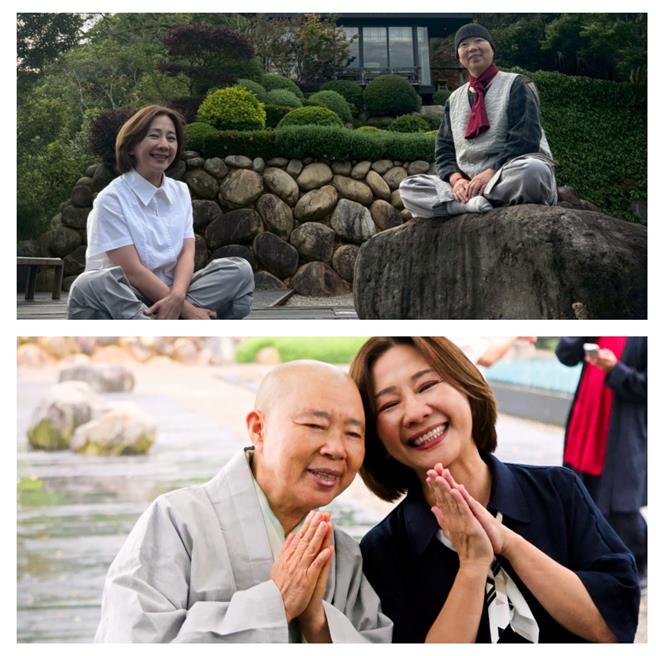 正寬法師與創辦人魏幸怡一同打坐於寧靜晨光中沉澱心緒。（飛花落院提供）