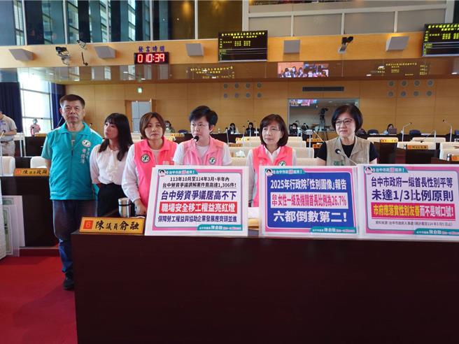 台中市议会22日民政业务质询，议员陈俞融、陈淑华、张芬郁、萧隆泽、陈雅惠、谢家宜等关心市府主管性别比例失衡问题。（陈淑娥摄）