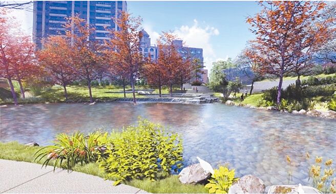 新北市政府将斥资6600万元推动「林口运动园区滞洪公园营造工程」，图为公园完工模拟图。（新北市水利局提供／张铠乙新北传真）