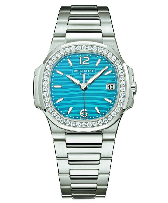 百达翡丽Nautilus编号7010/1G-013女用钻表，搭配白金表炼。（Patek Philippe提供）