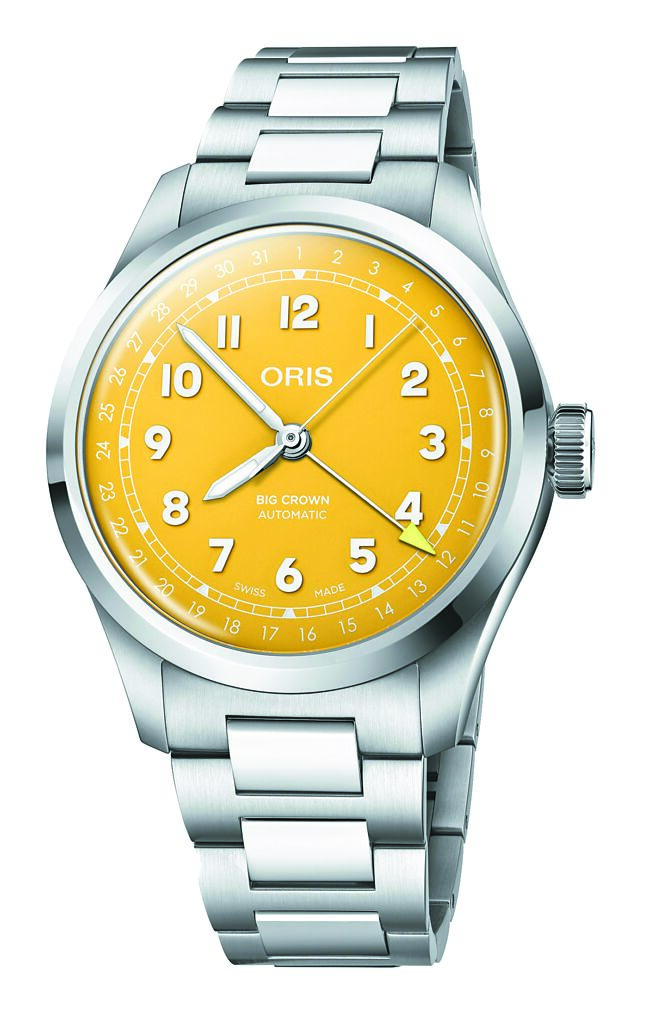 ORIS大表冠（Big Crown）指針式日曆腕表大玩色彩，色彩鮮豔，更能享受機械表帶來的快樂，6萬7500元。（ORIS提供）