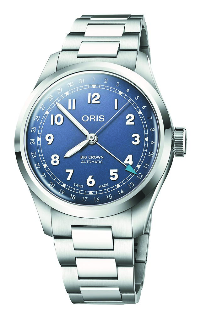 ORIS大表冠（Big Crown）指針式日曆腕表，暮紫色款，6萬7500元。（ORIS提供）